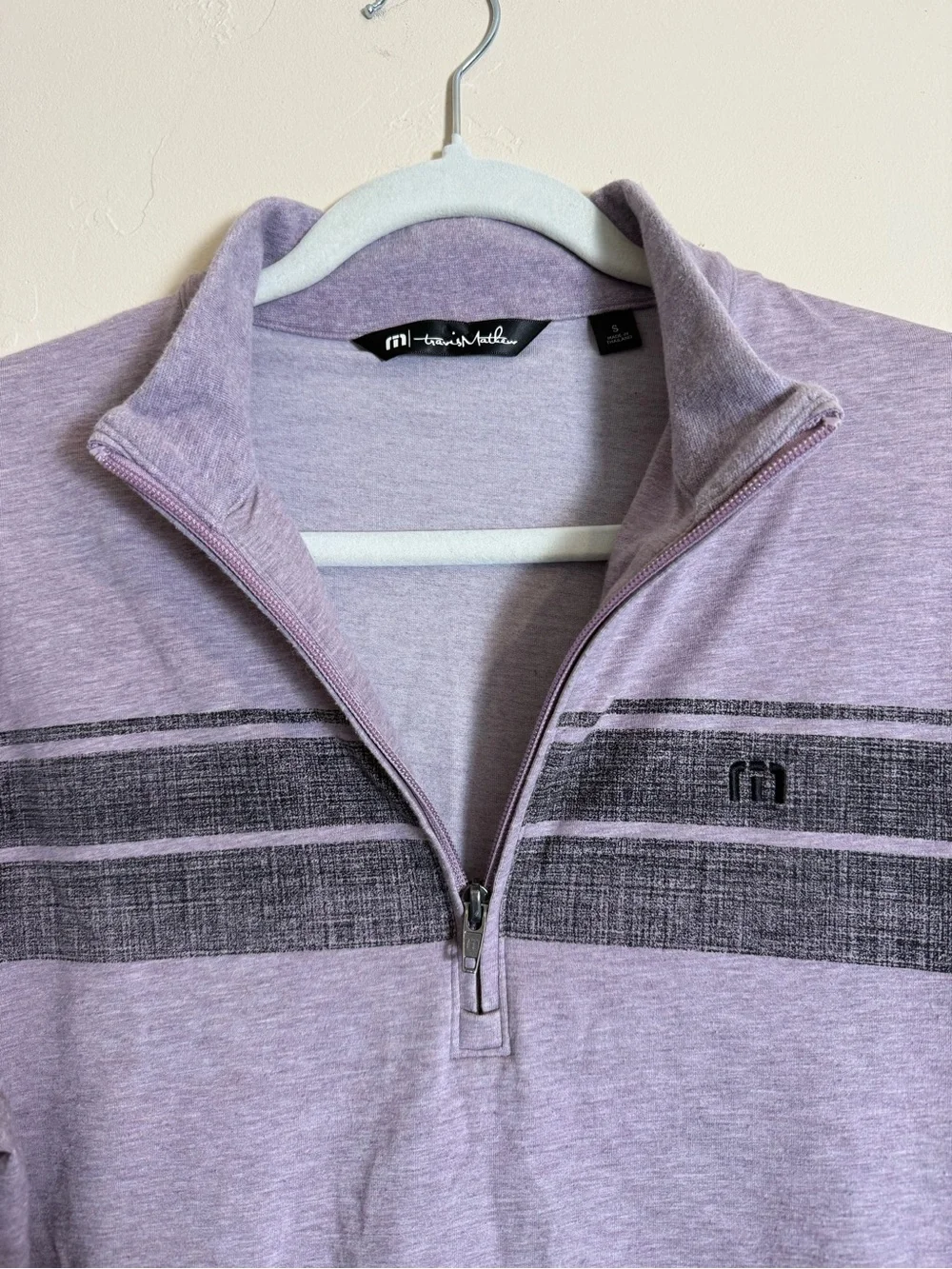 Travis Mathew Men's Light Lavender Quarter-Zip Sweater with Dark Stripe